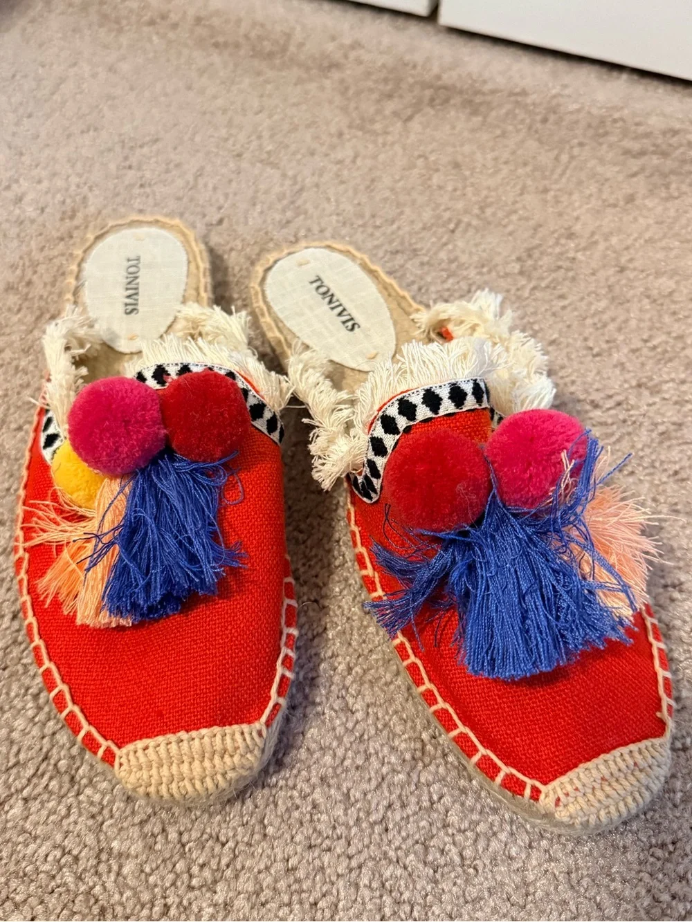 TONIVIS Boho Pom Pom Tassel Espadrille Mule Slides Size 9